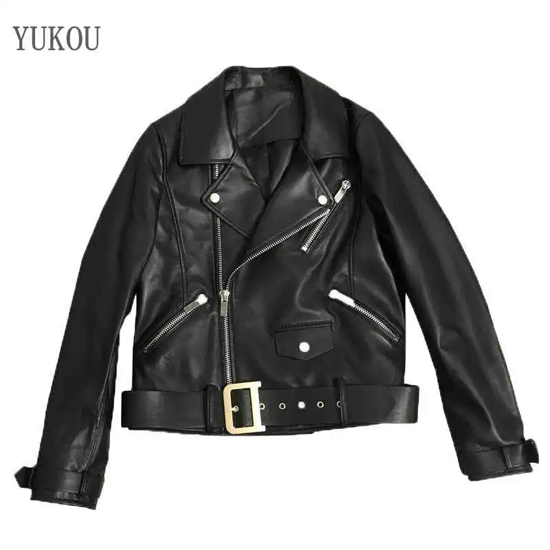 

Coats Woman YUKOU Fashion Sheepskin Leather Female Jackets Motorcycle Leather Clothing Real Sheepskin Leather Sashes Decorate