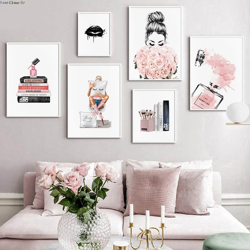 Lienzo de decoraci&oacute;n de estilo n&oacute;rdico para pared, pintura al &oacute;leo sin marco, P&oacute;ster Art&iacute;stico para dormitorio, minimalista y moderno, color rosa encantador-1