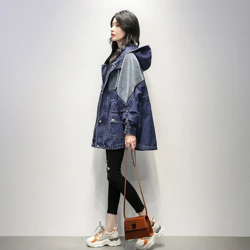 Denim bleu Джинсовая женская куртка, осень, новая Корейская версия, свободная тонкая ветровка с капюшоном, женское джинсовое пальто для женщин A118Z40 - Цвет: Denim bleu