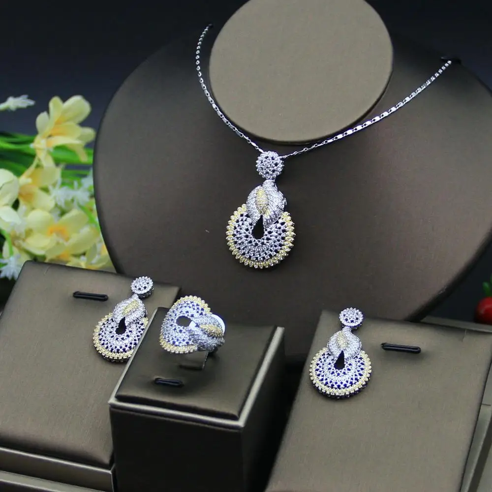 

Luxury Water Drop Cubic Zircon Nigerian Necklace Earring Ring Jewelry Sets For Women Wedding Indian Dubai Bridal Jewelry Sets