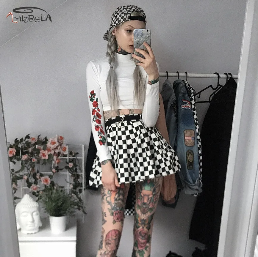 Imily Готическая Шахматная мини-юбка женская Повседневная Высокая талия с поясом