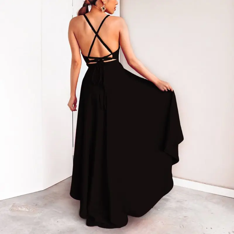 

Womens Plus Size Summer Sleeveless Evening Party Maxi Dress Solid Color Deep V-Neck Ruched High Waist Asymmetric Hem Pleated