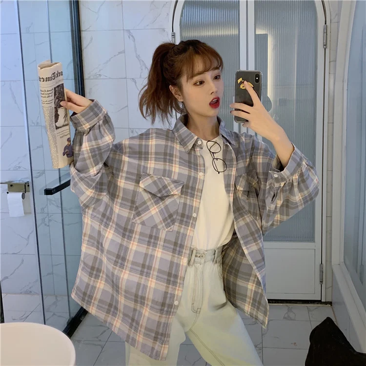 

Женская Осенняя рубашка в клетку с длинным рукавом