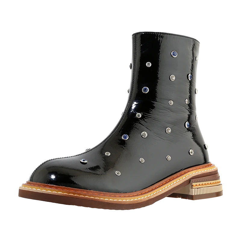 

New Ladies Boots Mid-heel All-match Ankle Boots Patent Leather Rhinestone Bling Short Boots Autumn Winter Round Toe Crystal Shoe