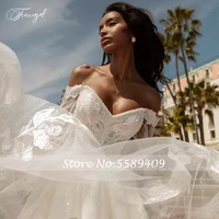 Traugel V Neck Ball Gown Lace Wedding Dress Glitter Off Shoulder Beads Long Sleeve Bride Dress Sweep Train Bride Gown Plus Size