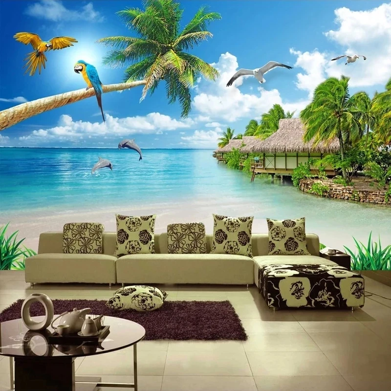 Пользовательские 3D фотообои голубое небо белые облака песчаный пляж морской