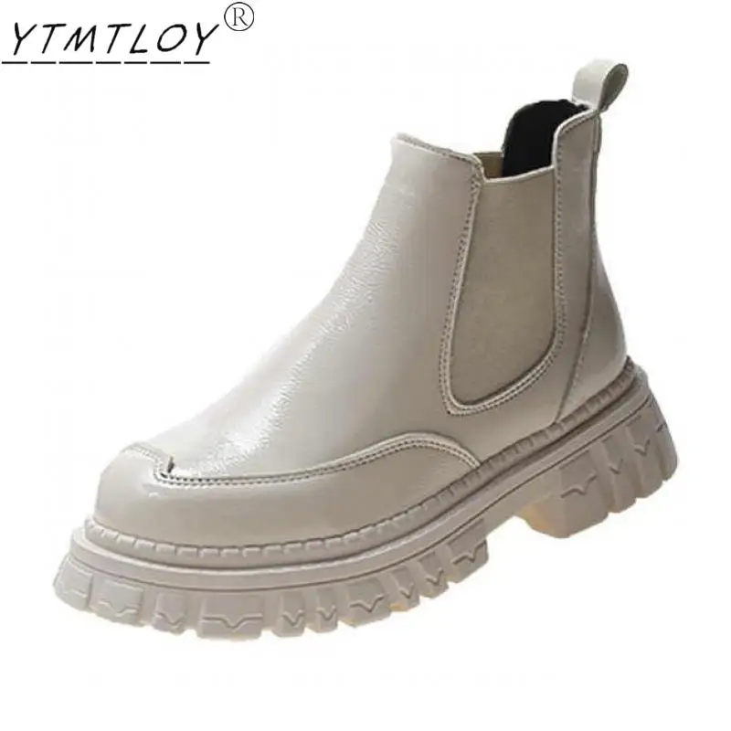 

Новые женские модные глянцевые повседневные однотонные ботильоны на платформе с круглым носком на среднем каблуке Нескользящие женские бо...