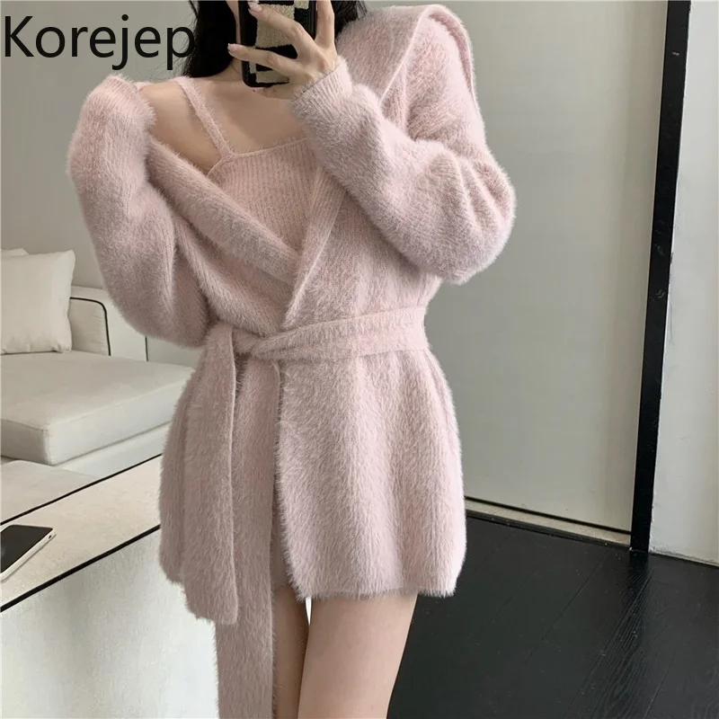 

Модный женский костюм кореjepo, халат на осень и зиму, свитер на завязках, пальто, новинка 2021, элегантный вязаный жилет, комплект из двух предме...