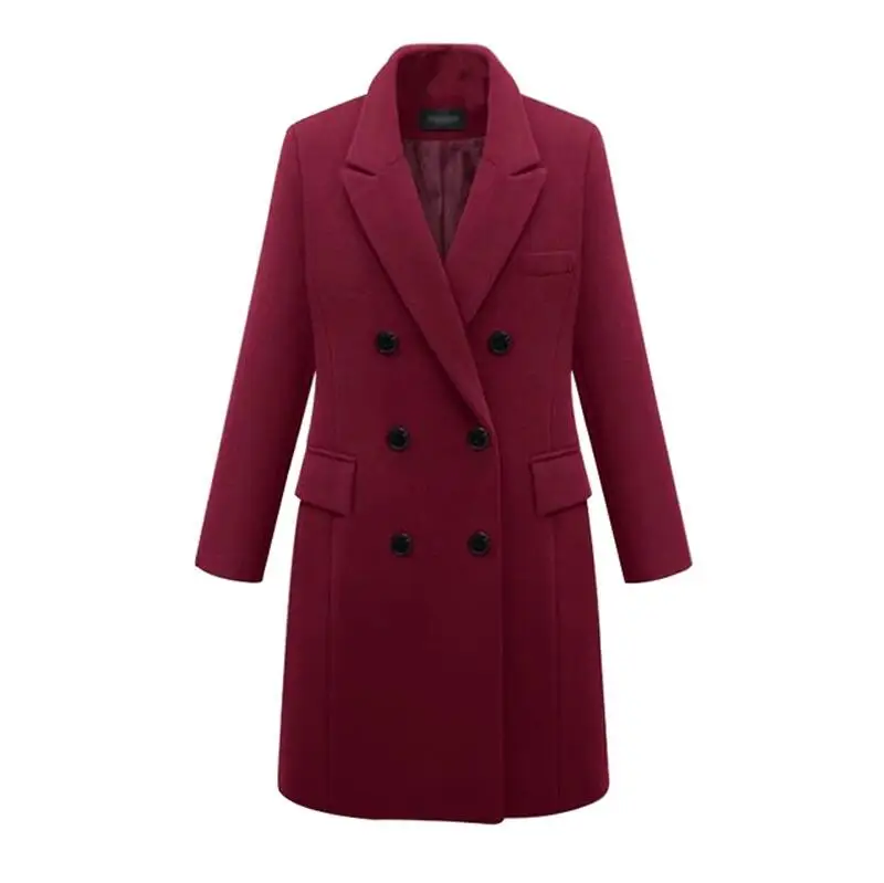 Wine red Пальто для женщин размера плюс 5XL, зимнее теплое двубортное ветрозащитное пальто, приталенное длинное шерстяное пальто - Цвет: Wine red