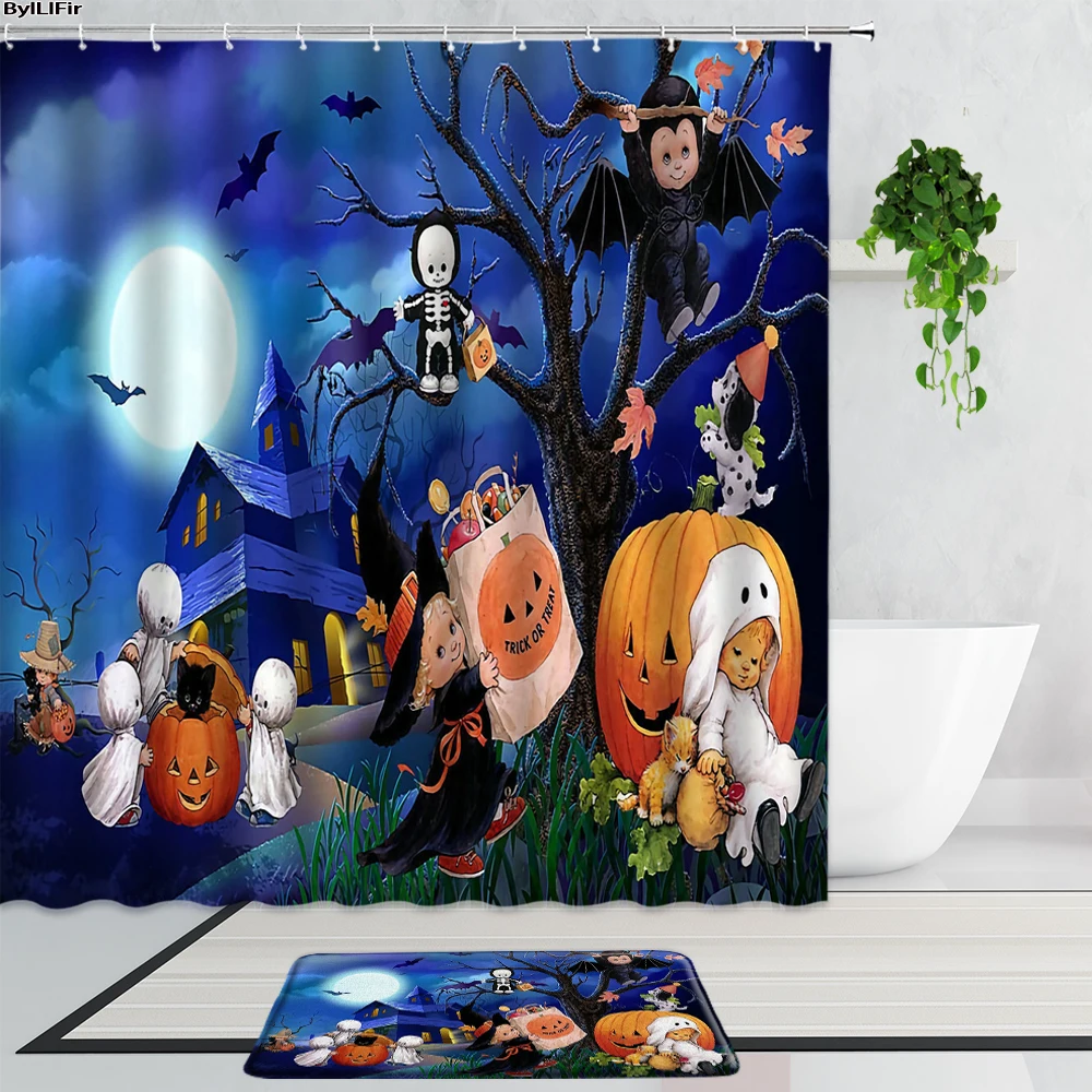 

3D Black Cat Pumpkin Elves Shower Curtains Funny Halloween Decor Background Child Gift Bathroom Decoration Curtain Set Bath Mats