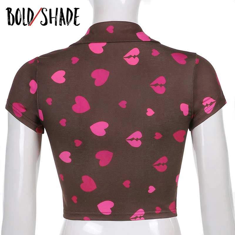 

Bold Shade Indie Aesthetic Baby Tee Y2k Heart Print Short Sleeve Women Cropped Tops Brown 90s Vintage Trun-down Collar T Shirts