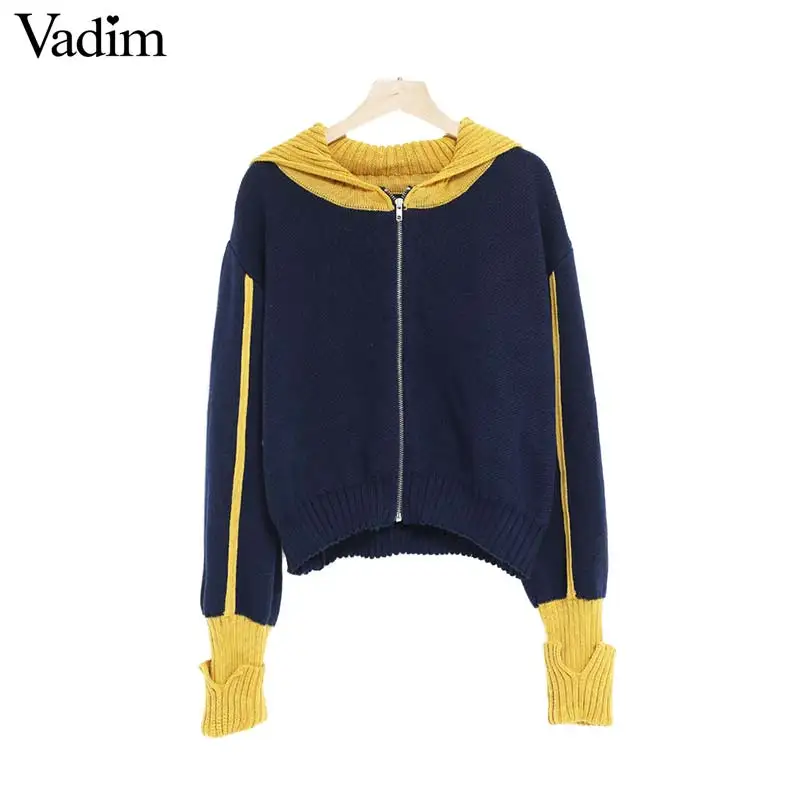 Vadim Женский вязаный свитер с капюшоном в стиле пэчворк большой размер длинный