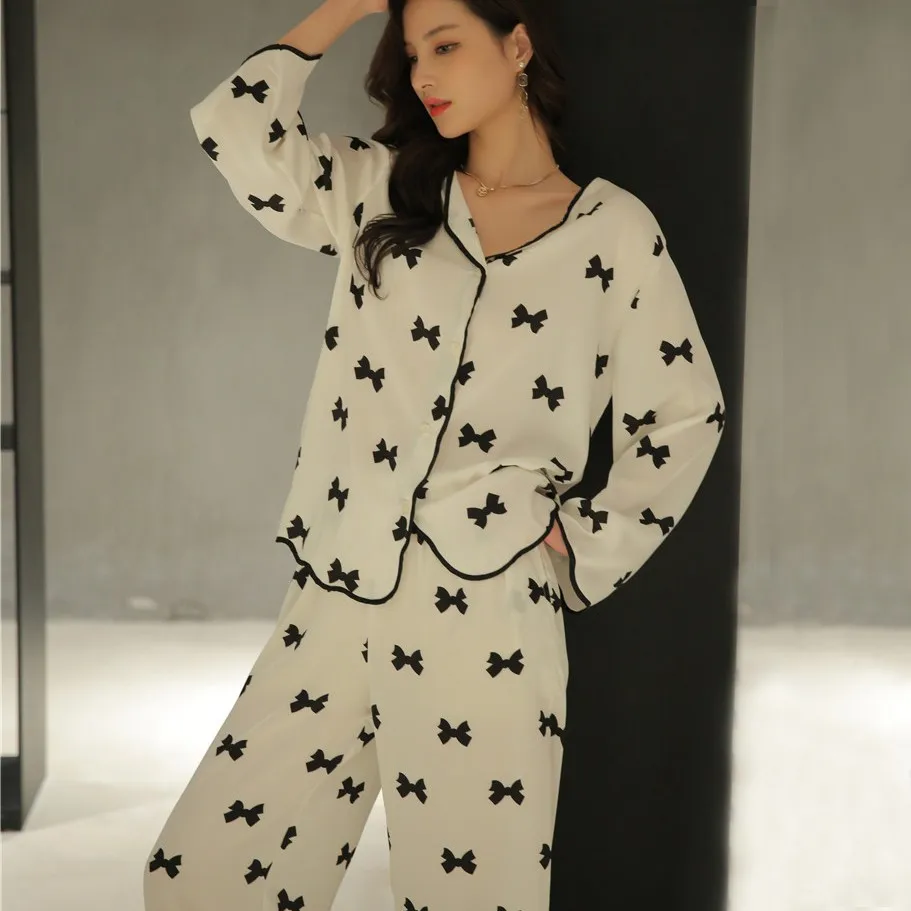 

Print Bow Loungewear Casual Pajamas Set Women 2PCS Shirt&Pants Ice Silk Sleepwear Lingerie Nightwear Home Clothes Pyjamas