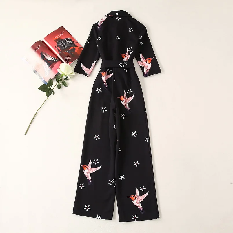 

Женский комбинезон с отложным воротником, повседневный комбинезон с цветочным принтом птиц и рукавом 2020, осень 3/4