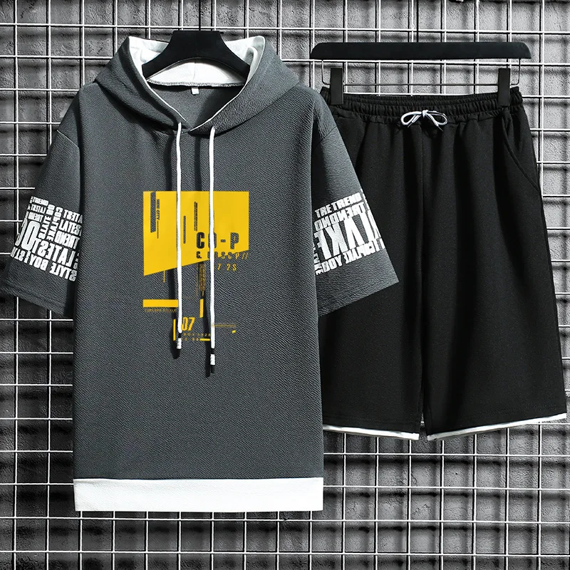 Мужской повседневный комплект из 2 предметов футболка с капюшоном и коротким