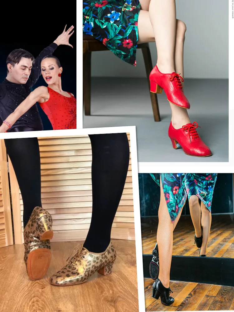 Женская танцевальная обувь из коровьей кожи на среднем каблуке Танцевальная для