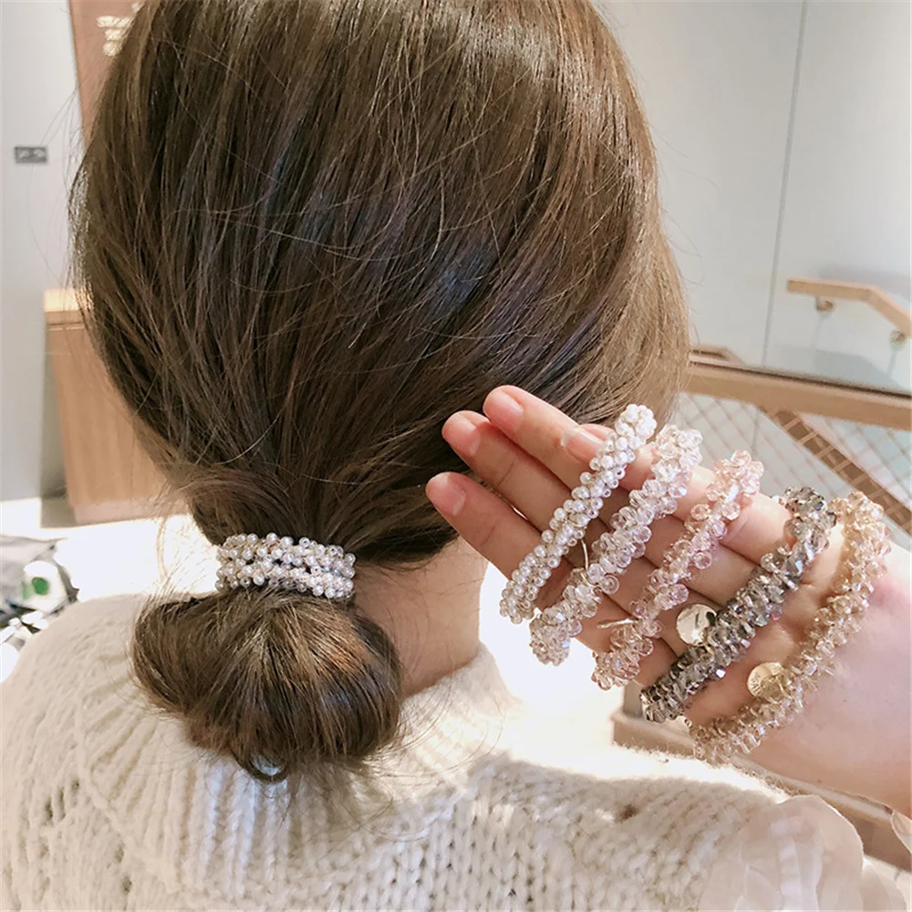 

Women Crystal Hair Ties Pearl Elastic Hair Bands Girls Scrunchies Rubber Elegant Women Lady Ponytail Holder Hair Accessories