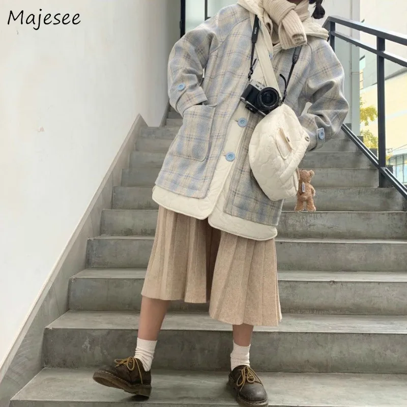 

Medium-long Style Parkas Women Fake Two Piece Plaid Hooded Korean Style Slim Loose Casual All-match Fashion Vintage Elegant Chic