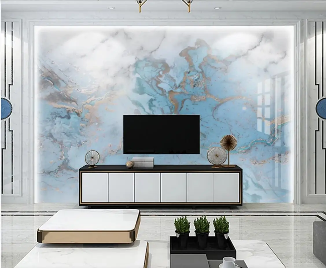 Синий Золотой Мраморный Обои Большая Фотообои для Гостиной TV Бэксплеш Искусство Декор Холст Мурали Рисование Персонализированные на.