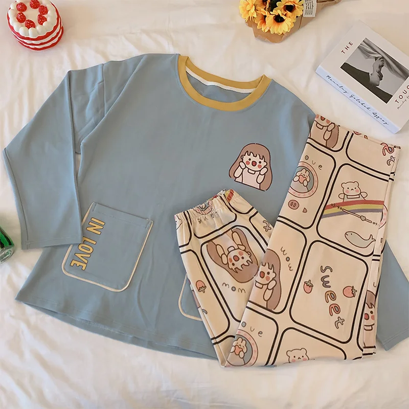 

Pure Cotton Bag Pajamas for Women Spring and Autumn Cute Girl Long-Sleeve Suit Korean Style Loose Student Can Be Outerwear