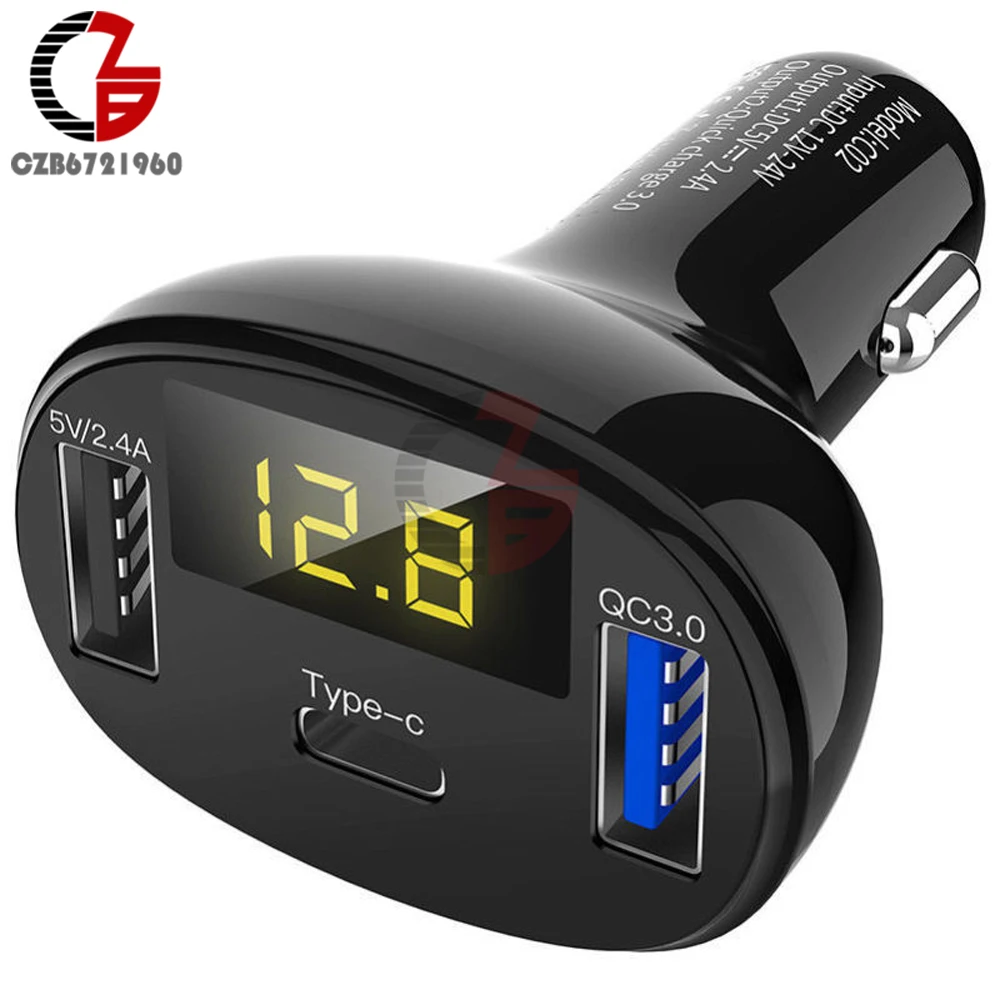Автомобильное зарядное устройство Type C USB QC3.0 QC2.0 быстрое автомобильное вольтметр