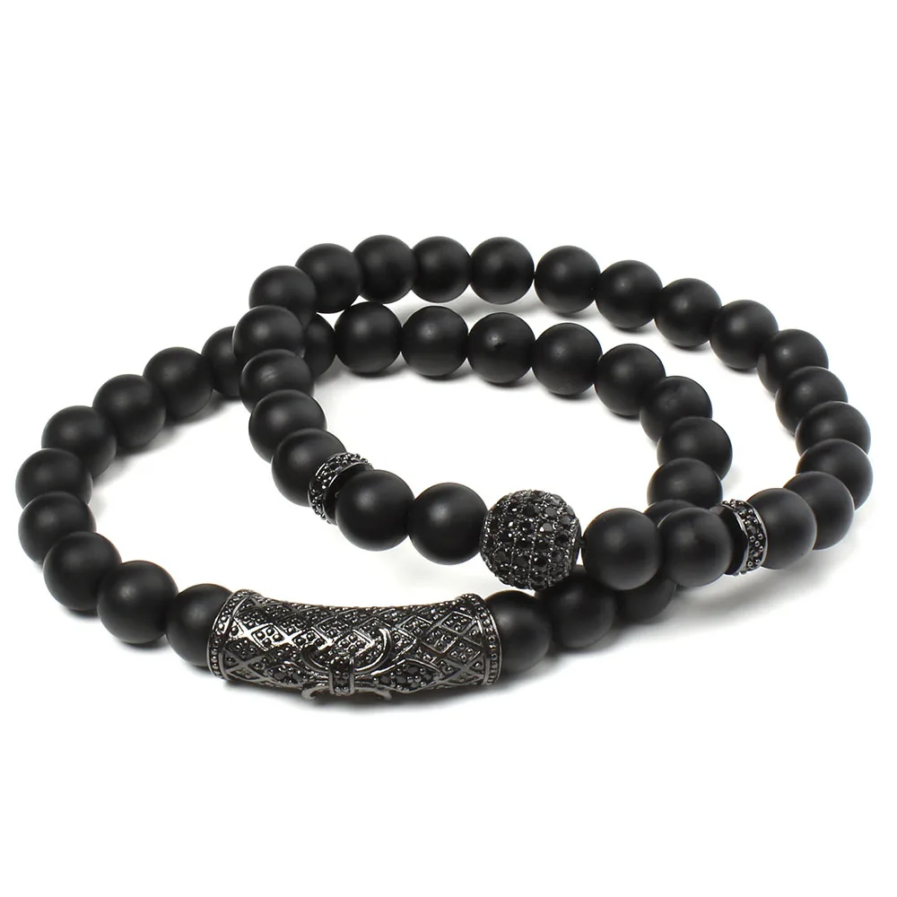 

2Pcs/Set of Natural Frosted Bead Bracelet Popular Pavement CZ Spherical Bracelet Gemstone Matte Black Jewelry