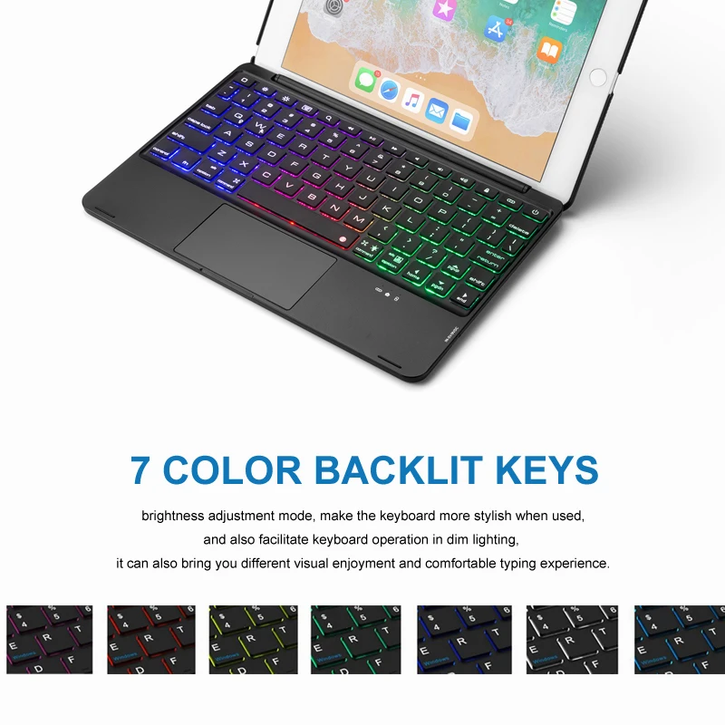 [Новинка] 4,0 чехол с bluetooth клавиатурой и сенсорной панелью мыши для нового iPad 9,", алюминиевый корпус+ 7 цветов подсветки+ умный режим сна/пробуждения