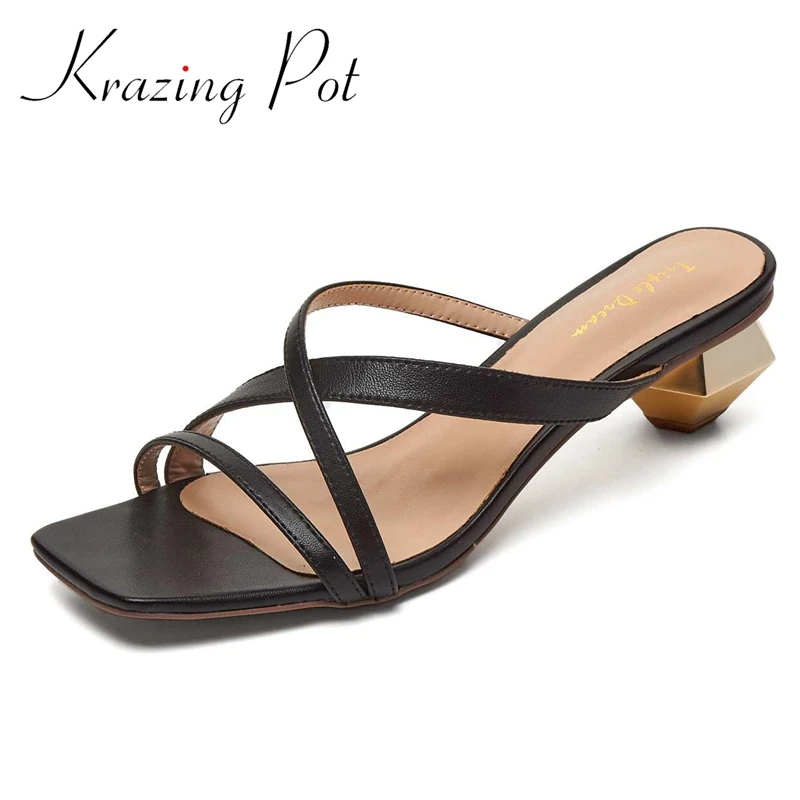 

Босоножки Krazing Pot женские на среднем каблуке, однотонные Модные Повседневные туфли из воловьей кожи, с открытым носком, удобные сандалии без ...