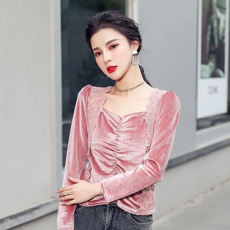 

new temperament sexy square collar lace stitching feminine slim velvet top women long sleeves women fashion 2020