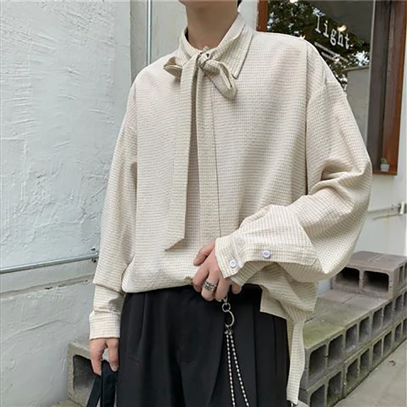 

Men 's Spring Long-sleeved Shirt Loose Casual Plaid Shirt Bow Tie Shirt -match Korean Style All Turn- down Collar England Style