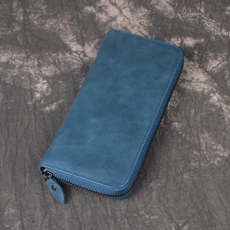 

Cross border new women's antique oil wax leather leather handbag men's multi card long zipper wallet fashion card bag