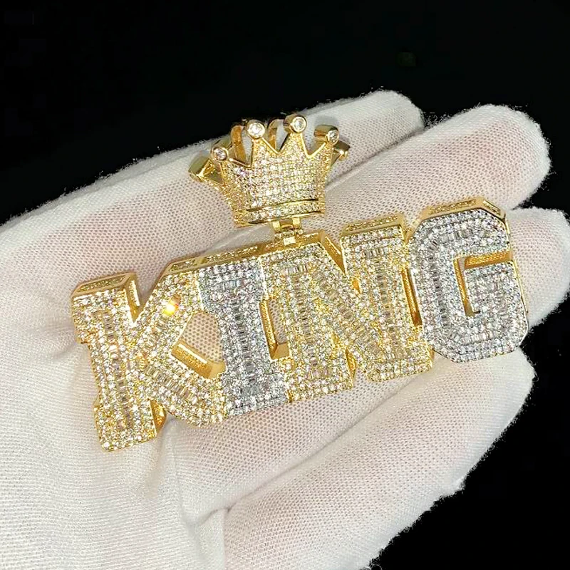 Hip Hop Two Tone Color KING Letter Crown Shape Pendant With Rope Chain Iced Out Bling 5A CZ Necklaces Fashion Men Boy Jewelry