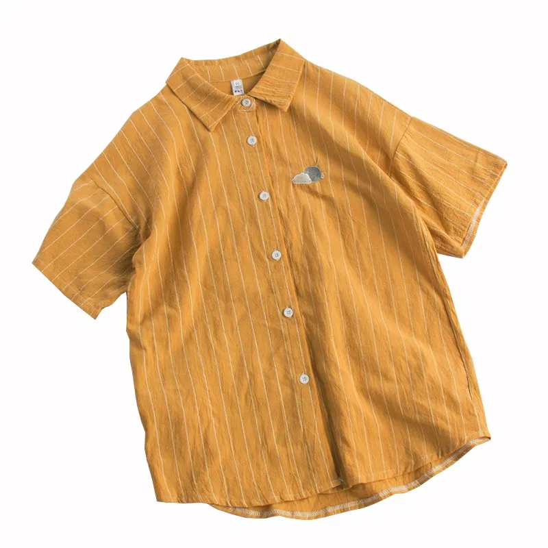 short sleeve yellow Уличные забавные повседневные полосатые женские блузки в винтажном стиле Харадзюку с вышивкой Луны, рубашки на пуговицах с длинным рукавом, топы с передними карманами - Цвет: short sleeve yellow