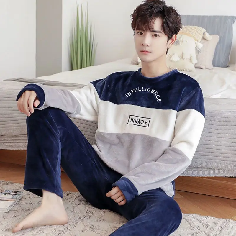 Men's Pajamas Autumn Winter Plus Thick Velvet Cartoon Korean Pajamas Flannel Homewear Winter O-neck Ensembles De Pyjama