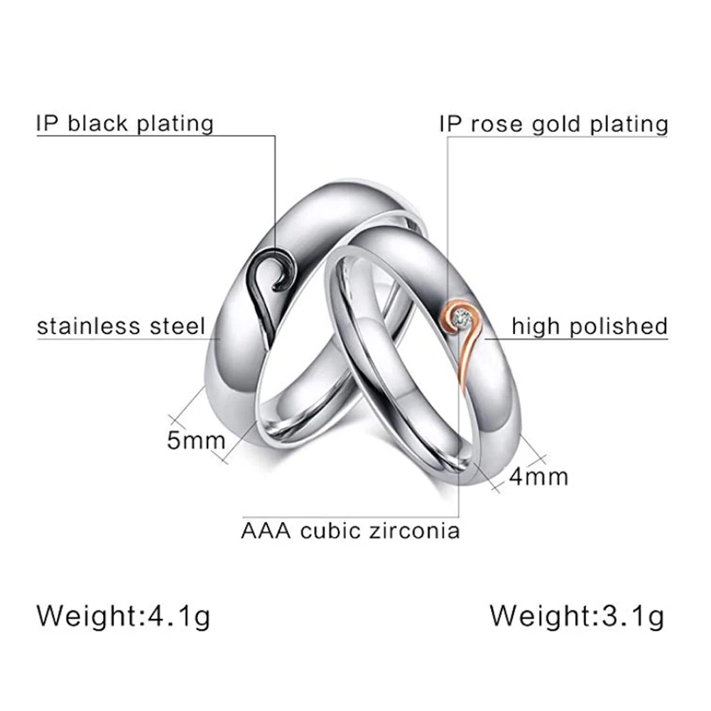 Парные кольца с гравировкой в виде сердца кубическим цирконием нержавеющая