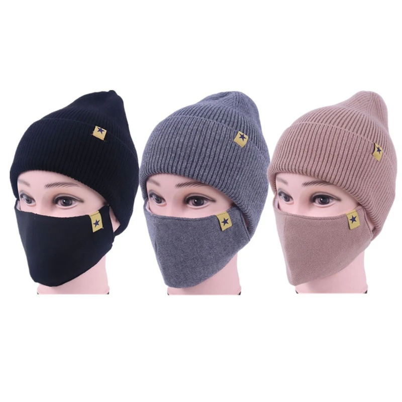 

2 In 1 Winter Warm Knitted Beanie Hat Face Mask Set Windproof Cuffed Skull Cap