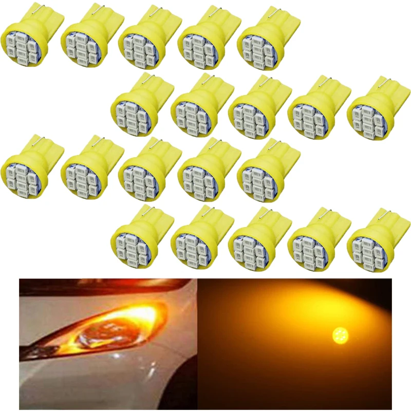 

20Pcs Yellow 12V T10 W5W 194 192 168 2825 Wedge 8SMD 1206 LED Car Replacement Bulbs Car Interior Reading Map Dome Light