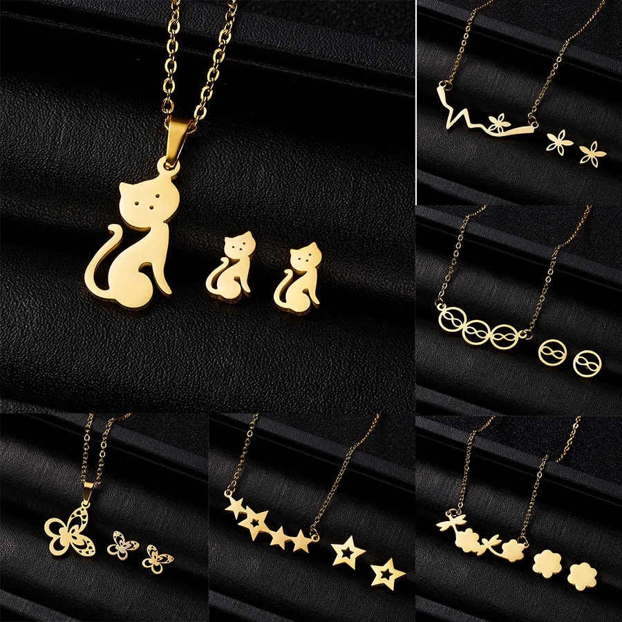 

Jewelry Sets Gift for Women Cute Cat Butterfly Heart Infinity 8 Flower Pendant Necklace Earrings Set Stainless Steel Animal Sets