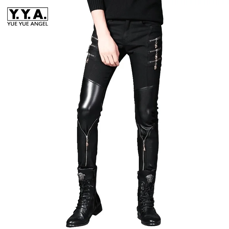 

Korean Spring Style Mens Black Leather Pants Faux PU Leather Motorcycle Skinny Personalized Zipper ROCK Hombre Pencil Pants