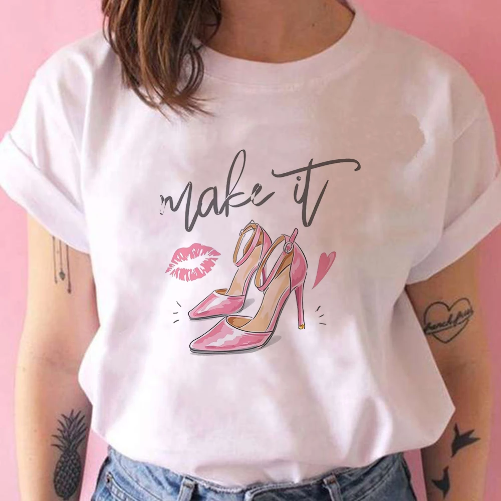 

Beautiful Pink High Heels Print Women T Shirts Hipster Top Cute Streetwear White T Shirt Female Kawaii Beauty Graphic T Shirt