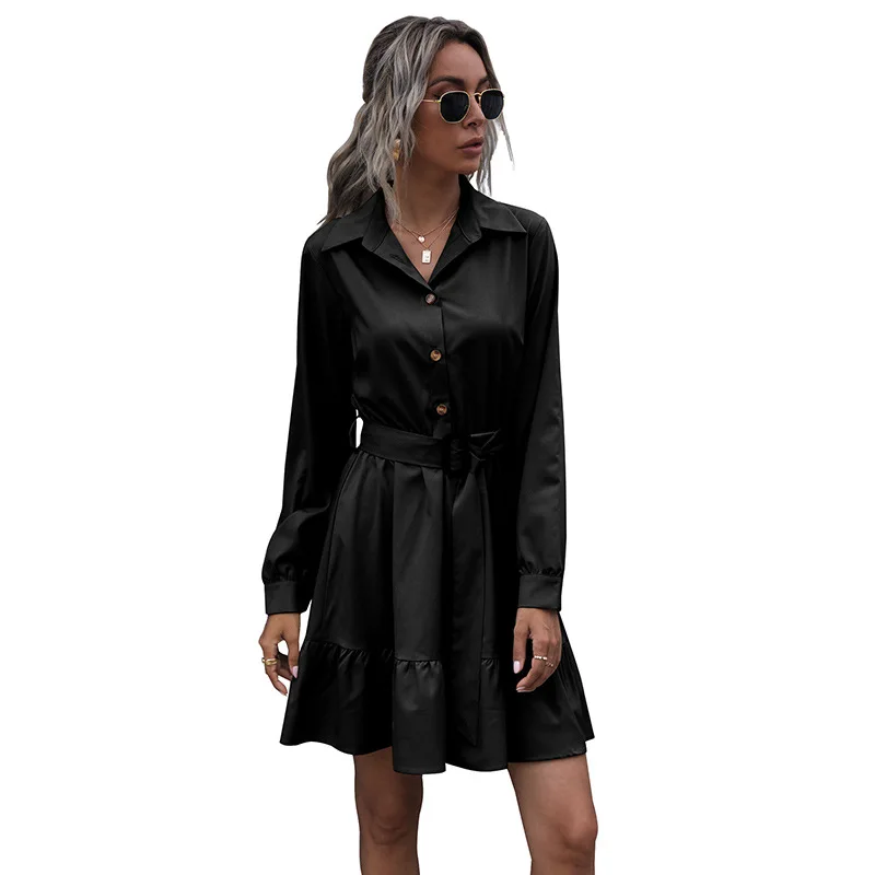 

Autumn and winter 2021 new solid color Lapel Pullover skirt with European and American temperament