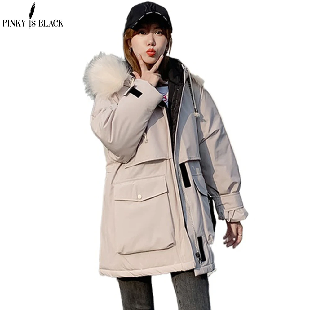 PinkyIsBlack Winter Jackets Women's Long Parkas Female Solid Oversized Hooded With Fur Collar Thick Casual Women Winter Coat