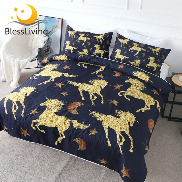 BlessLiving Golden Unicorn Bedding Set Starry Sky Horse Duvet Cover Luxury Bed Set Stars Moon Kids Soft Bedclothes 3pcs Dropship 1