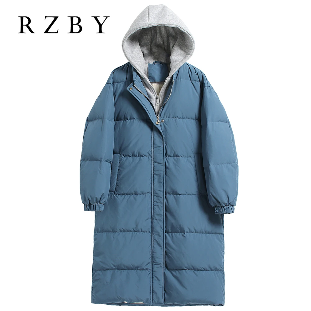 

Пальто женское на белом утином пуху с капюшоном, длинное, зимнее, теплое, свободное, однотонное, повседневное, утепленное, RZBY655
