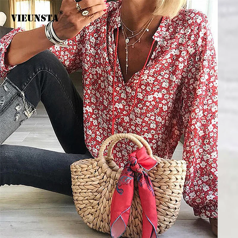 Женская блузка с V-образным вырезом цветочным принтом | одежда