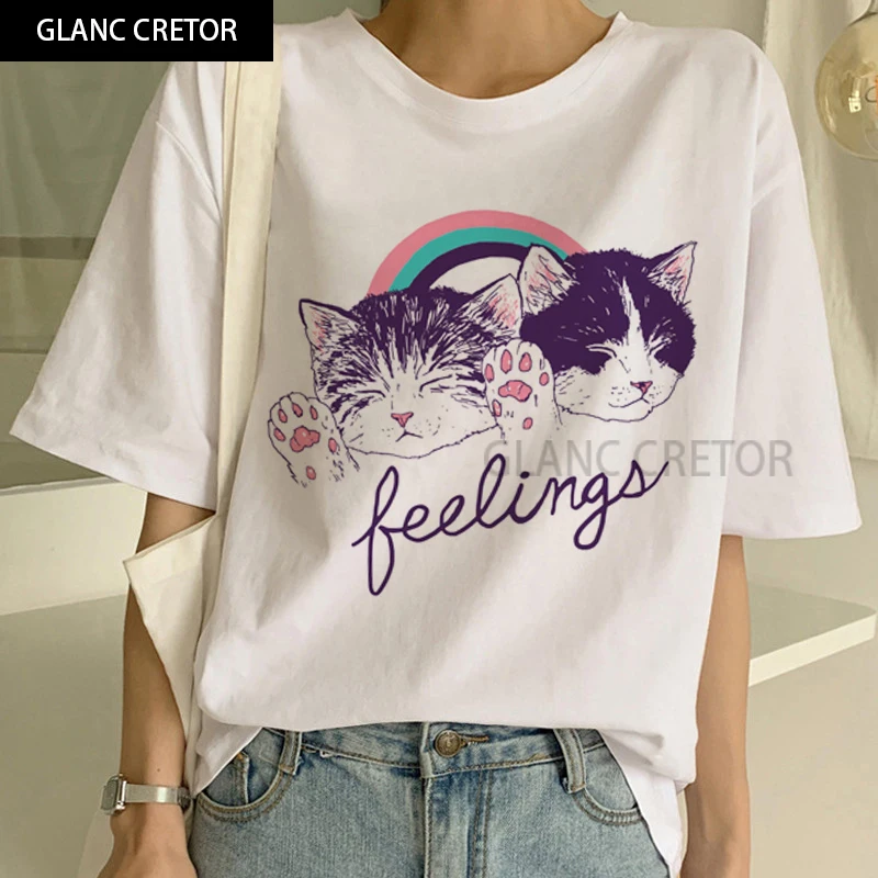 

Kawaii Cat Harajuku 90s Graphic T-shirt Summer Short Sleeve Fashion Top Tee Female T Shirt Meow Women Funny Cartoon Print Tshirt