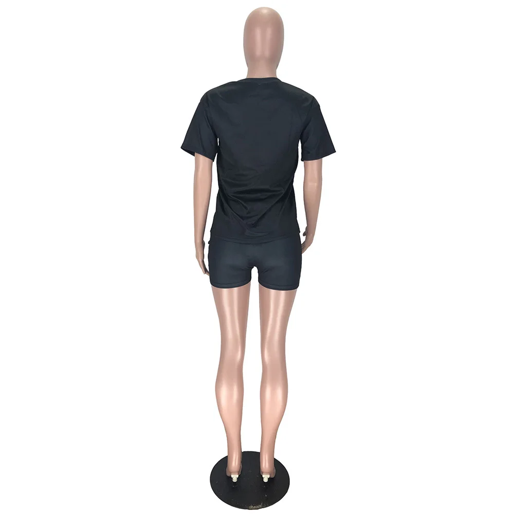 

Money Dollar Letter Print Two Piece Tracksuit Women's Clothing O Neck Short Sleeve T Shirt Fitness Short Casual Black White Set