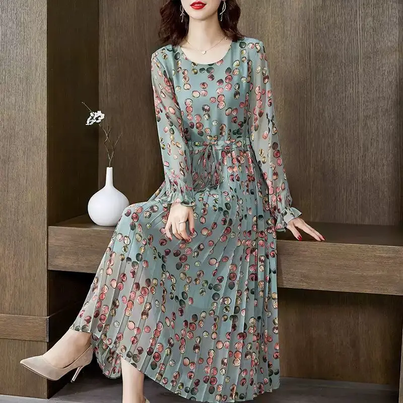 

2021 New Summer Women Fashion Chiffon O-Neck Dresses Lady Dot Print Dress Elegant Loose Long Sleeve High Waist Vestidos B118
