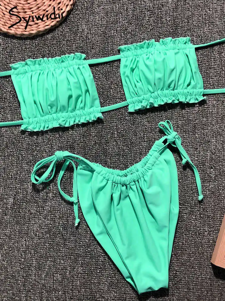 

Bathing Suit Women Swimsuit 2 Pieces Set Sexy Bikini Hot Pink Bandeau Pleated Swimming Beachwear Green 2021 Print Thong