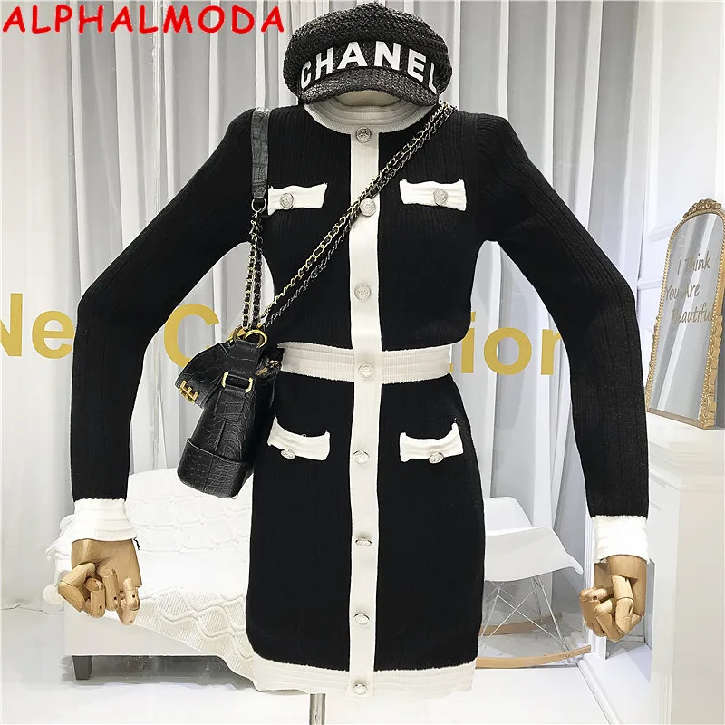 Женское трикотажное платье ALPHALMODA Элегантное однобортное с длинным рукавом и